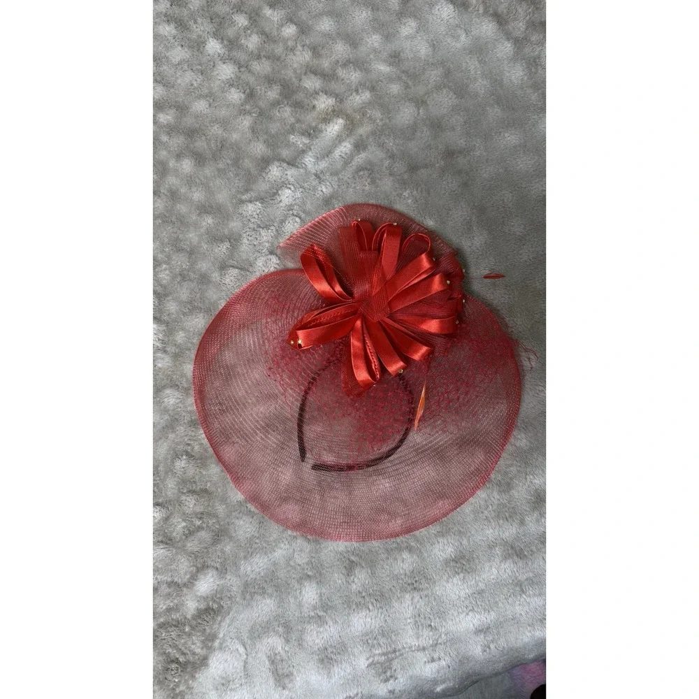 Red Fascinator Hat Headband Mesh Veil